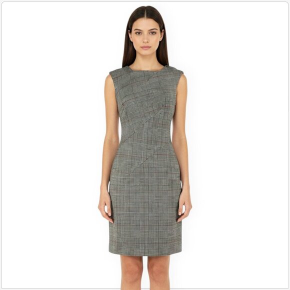 Paule Ka Paris Wool Checked Plaid Sheath Stretch Fitted Sleeveless Dress New 38 - Picture 1 of 7
